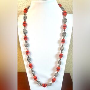 Vintage Long J.Crew Hand-Knotted Orange & Purple and Pave Beads Necklace